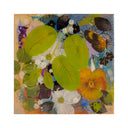 Collage style painting of rounded green leaves and a variety of flowers layered around and behind: white, orange and black. A small female figure stands atop one of the flowers, looking away. Various bugs and abstract elements fill in the piece.