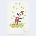 Cartoon character with money falling around on a light purple background, featuring the Bellagio Las Vegas logo.