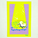 Illustration of a white cartoon mouse, laying on a brick ground with a yellow spotlight on it.