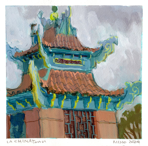 Plein air painting of a building in Chinatown with the same historical architecture, orange with blue ornate peaked roofs stacked atop one another.