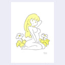 Illustration of a nude woman with long blonde hair, sitting amongst flowers.