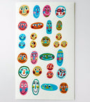 Many doodles of colorful, simple cartoon smiley faces.