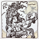 Painting of an androgynous person with their hand extended out. Atop their head is a elk hide, with the head and antler still attached.  