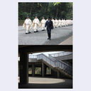 Top: Formal procession with individuals in white robes and dark hats. Bottom: Staircase in an urban setting.