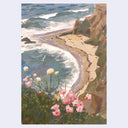 An impressionistic painting of a coastal cove with ocean waves, sandy beach, rocky cliffs, and pink wildflowers in the foreground, shown against a light gray background.