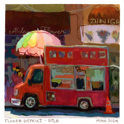 Plein air painting of a red food truck with its windows open and an orange traffic cone behind it. A rainbow umbrella shades the other side of it.