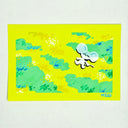 Illustration of a white cartoon mouse, laying in a yellow and green field.