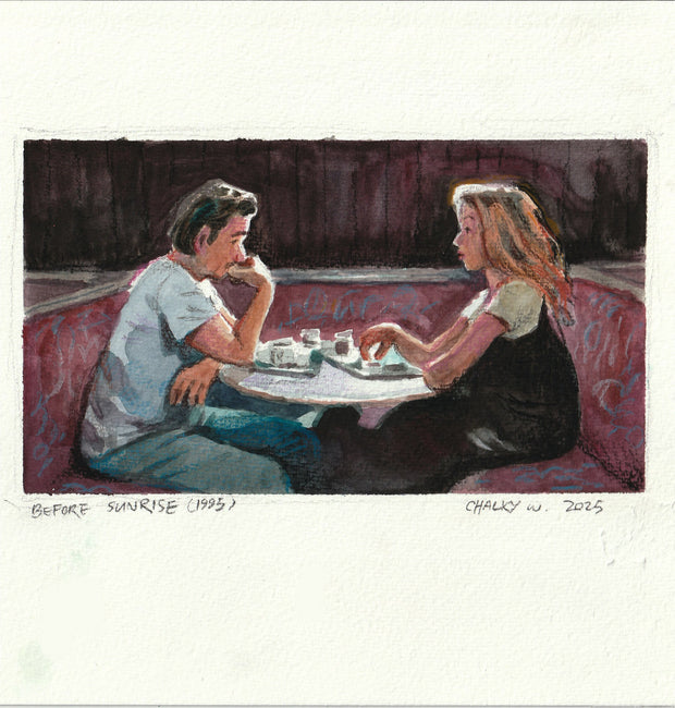 Painting based on a film still from Before Sunrise of a man and a woman sitting at a table in a diner, with subtle white light coming from overhead.