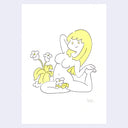 Cartoon-style illustration of a woman with yellow hair and flowers on a white background
