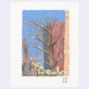 A textured pastel or crayon painting on paper depicting a leafless tree in front of a blue sky, a reddish-brown building, and a beige brick wall. The artwork is centered on a white paper background with a light lavender-gray border.