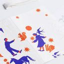 Illustrated birthday card with blue figures, orange circles, and stars on a white background