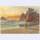An impressionistic beach painting featuring a small figure walking along the shoreline, with rocky cliffs, a building on top, waves, birds, and a warm golden sky.