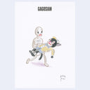 Illustration of a cartoon skeleton carrying a sleeping black cartoon cat dressed in a cap, bowtie and striped jacket.