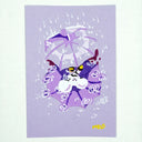 Illustration of a cartoon white mouse, under a purple umbrella with its reflection in the puddle beneath it.