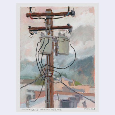 Plein air painting of a power pole with many wires coming off of it. A few buildings can be seen loosely rendered in the background.