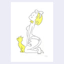 Illustration of a blonde girl with a bow in her hair, posing with a yellow cat.