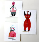 3 drawings of characters, cartoon like in style and done in red and black.