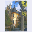 An impressionistic painting of a city street scene featuring a large yellow Victorian-style house with a dark conical roof, green trees, parked cars, and street signs including a pedestrian crossing sign and a street name sign reading Gougeon.