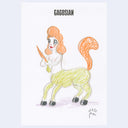 Colorful illustration of a centaur woman with orange hair and tail, white body, and yellow legs on a light gray background. 'Gagosian' is written at the top.