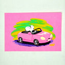 Illustration of a white cartoon mouse driving a pink convertible car.