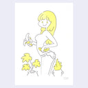 Cartoon illustration of a woman with yellow hair and flowers, holding a peeled banana.