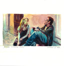 Painting based on a film still from Before Sunrise of a man and a woman sitting on the ground outside of a building, warm street lights illuminate them.
