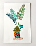 Painting of a potted palm plant, with a lion on the pot and a sign that reads "roar! don't touch"