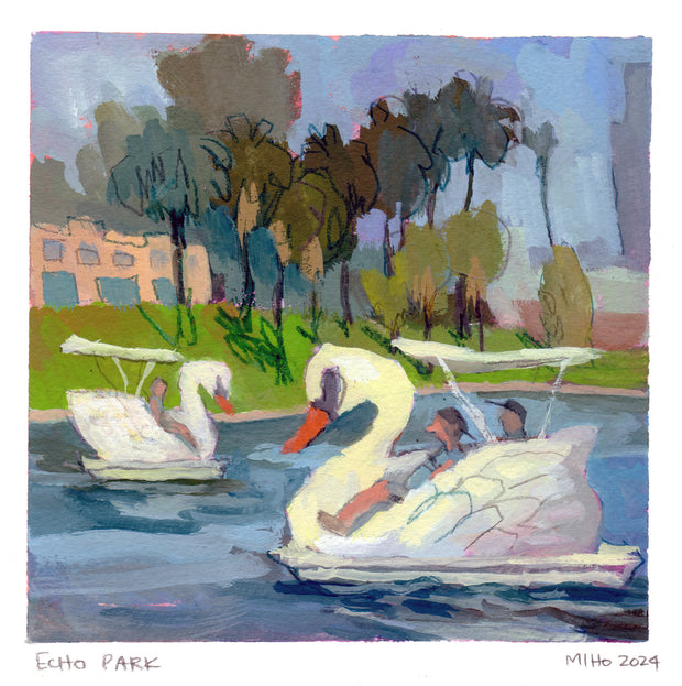 Plein air painting of Echo Park Lake, with 2 swan boats floating on the water with riders in each. Palm trees are in the background.