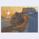 An impressionistic painting of a coastal scene at sunset, showing a bright sun over the water, dark rocks in the foreground, a lit pier, and a building with parked cars under a warm golden sky.