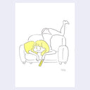 Illustration of a person lying on a couch with a remote in her hand, on a white background.