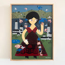 Folk art style painting of a tall woman in a dark red patterned dress, standing in front of a lakeside town, with many birds flying onto her.