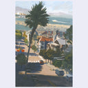 An impressionistic painting of a coastal town street scene with a tall palm tree in the foreground, houses, parked cars, a beach, and the ocean under a pale sky.
