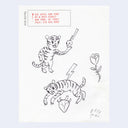 Illustrations of tigers, a skull, and a rose with Ace Hotel New York contact information on a light purple background.