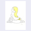 Illustration of a woman in underwear with yellow hair, sitting on the ground and looking back over her shoulder while reading a magazine with nude bodies in it.