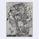 Painting of a woman, wearing a heavily mechanic body suit. Atop her head is a large morphed man's head with many plugs and wires and snake heads.