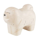 Wooden figurine of a fluffy chow chow dog, standing with its mouth open in a smile.