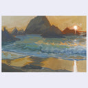 An impressionistic landscape painting of a coastal scene with dark rocky mountains, blue-green waves, sandy beige shore, and a glowing sun near the horizon, shown against a light gray background.