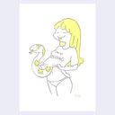 Cartoon-style illustration of a woman wearing a shirt that reads "my zodiac", which she lifts up slightly. A snake comes out from her shirt.