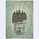 Illustration of a cloaked person and a cloaked humanoid cat facing away from the viewer, standing between 2 pillars. Greenery surrounds them, making a small viewing hole for water and a night sky.