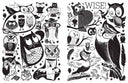 Open 2 page zine booklet spread of scanned and illustrated black and white imagery of cartoon owls.