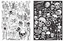 Open 2 page zine booklet spread of scanned and illustrated black and white imagery of skulls and skeletons.