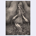 Graphite illustration on cream colored paper of a girl with long hair and striped dress, jump roping over flat clover leaves on the ground.