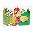 Colorful illustration of 2 chickens with red combs, and 2 tiny yellow chicks.