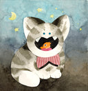 Watercolor illustration of a gray cat, wearing a red striped scarf. It has its mouth open to reveal a goldfish.