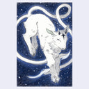 An illustration of a white goat or ram-like celestial figure with curved horns against a deep blue starry background, centered on a light gray canvas.