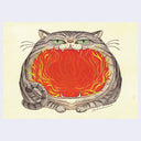 Drawing of a gray cartoon cat, sitting with their mouth open. Their mouth is huge in proportion to their body and has fire inside of it.