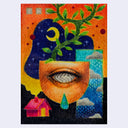 Crayon illustration of a surreal scene with an eye, vine, house and night sky.