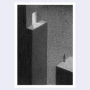 A black and white art work featuring a minimalist, geometric scene with tall rectangular structures, a small figure, and a textured background, presented with a white border on a light gray backdrop.