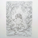Graphite illustration of a child, faced away from the viewer, talking into a forest landscape.