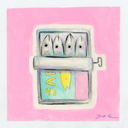 A pastel drawing on a white square paper showing a pink background with a sardine container, peeled back slightly to reveal 4 fish inside, signed in the lower right corner.